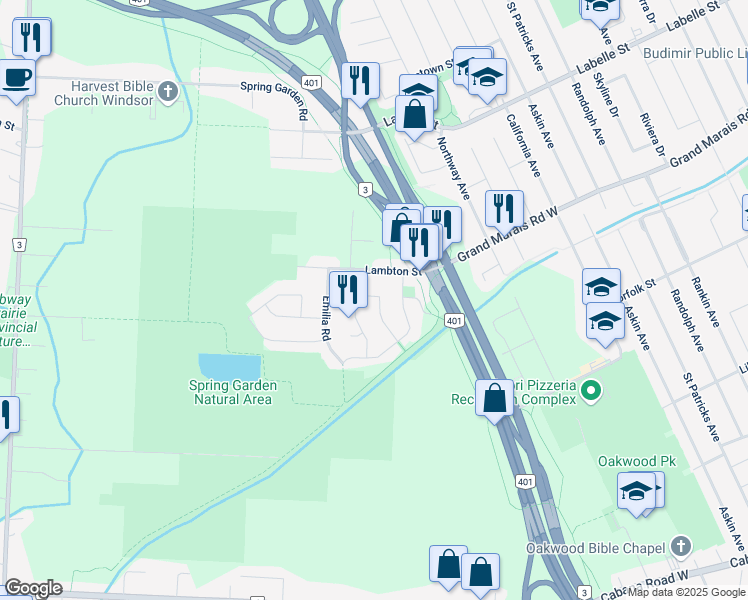 map of restaurants, bars, coffee shops, grocery stores, and more near 2433 Via Vita Street in Windsor