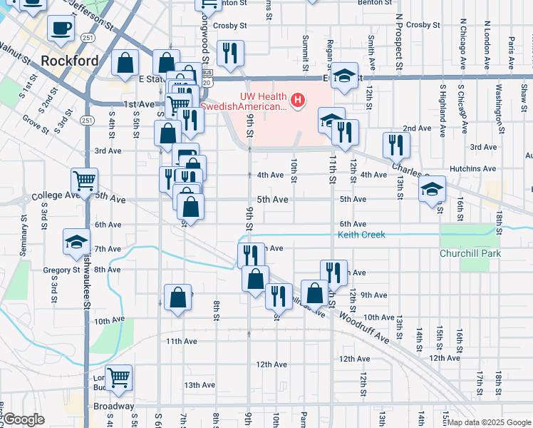 map of restaurants, bars, coffee shops, grocery stores, and more near 616 6th Avenue Court in Rockford