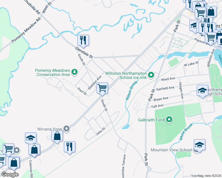 map of restaurants, bars, coffee shops, grocery stores, and more near 312 Main Street in Easthampton