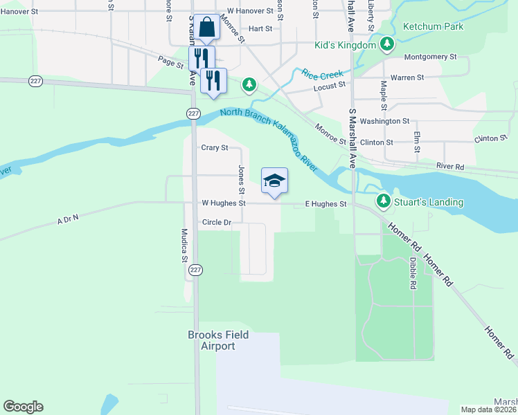 map of restaurants, bars, coffee shops, grocery stores, and more near 125 West Hughes Street in Marshall