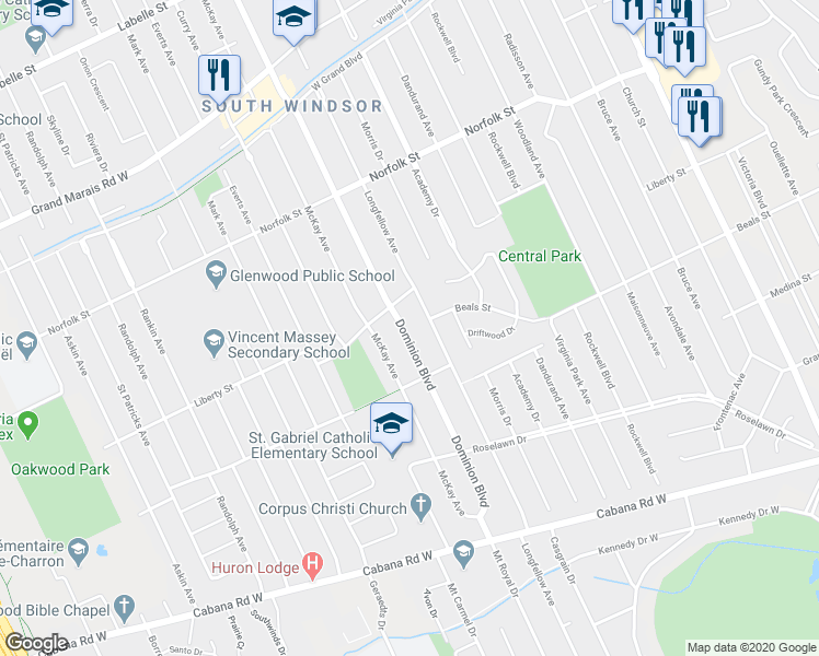 map of restaurants, bars, coffee shops, grocery stores, and more near 3430 Dominion Boulevard in Windsor