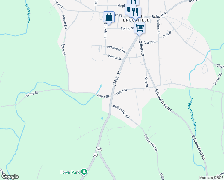 map of restaurants, bars, coffee shops, grocery stores, and more near 31 South Main Street in North Brookfield