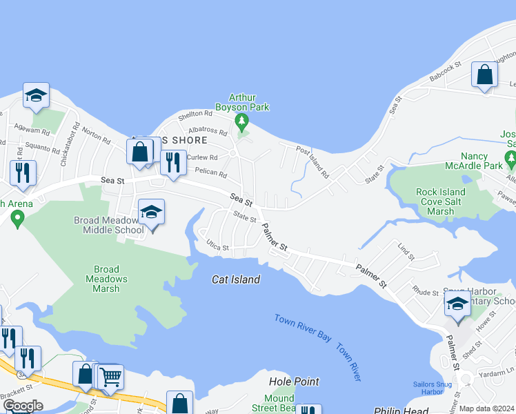map of restaurants, bars, coffee shops, grocery stores, and more near Sea St & Palmer St in Quincy