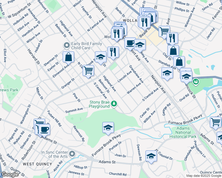 map of restaurants, bars, coffee shops, grocery stores, and more near 333 Highland Avenue in Quincy