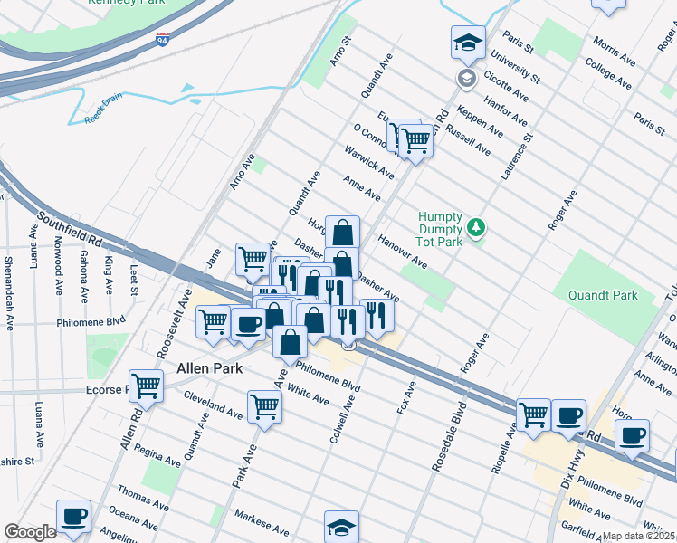 map of restaurants, bars, coffee shops, grocery stores, and more near 5810 Allen Road in Allen Park