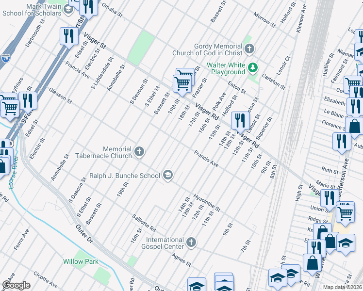 map of restaurants, bars, coffee shops, grocery stores, and more near 3835 17th Street in Ecorse