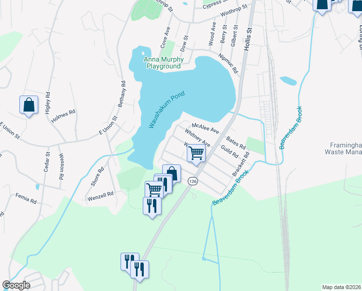 map of restaurants, bars, coffee shops, grocery stores, and more near 54 Willis Avenue in Framingham