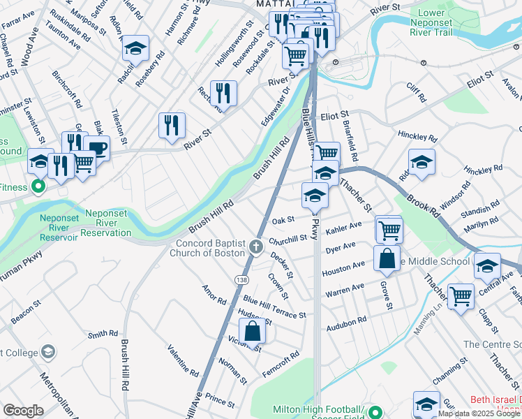 map of restaurants, bars, coffee shops, grocery stores, and more near 20 Oak Street in Milton