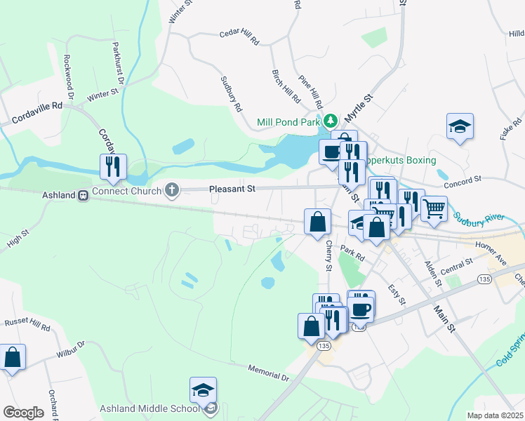 map of restaurants, bars, coffee shops, grocery stores, and more near 15 Metcalf Avenue in Ashland
