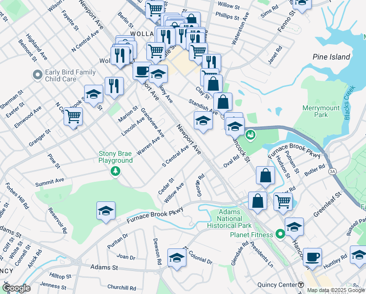 map of restaurants, bars, coffee shops, grocery stores, and more near 17 South Central Avenue in Quincy