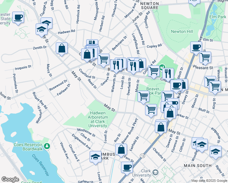 map of restaurants, bars, coffee shops, grocery stores, and more near 31 Walworth Street in Worcester