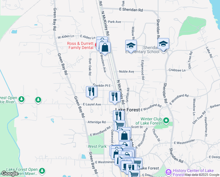 map of restaurants, bars, coffee shops, grocery stores, and more near 140 Morris Lane in Lake Forest