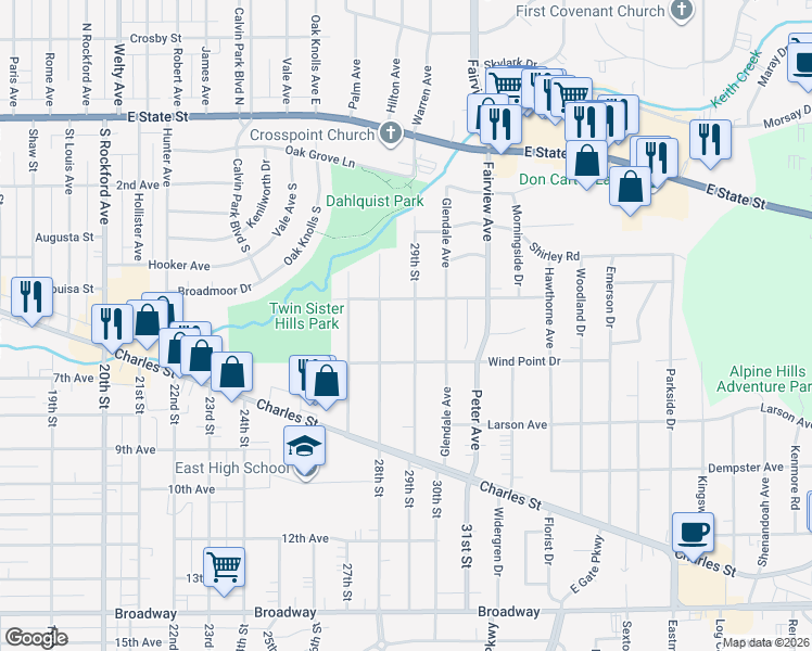 map of restaurants, bars, coffee shops, grocery stores, and more near 519 29th Street in Rockford
