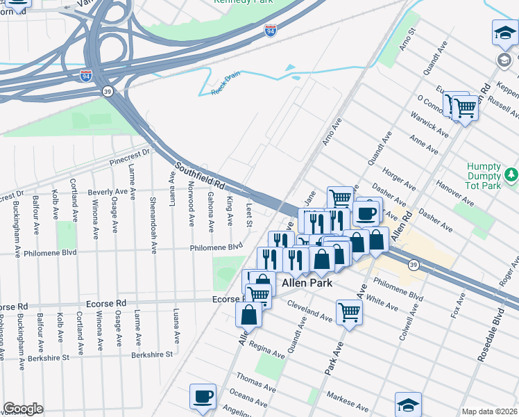 map of restaurants, bars, coffee shops, grocery stores, and more near 16248 Cleophus Avenue in Allen Park
