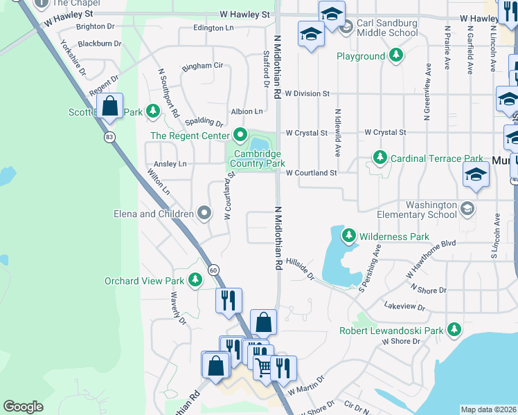 map of restaurants, bars, coffee shops, grocery stores, and more near 1128 Ashbrook Drive in Mundelein