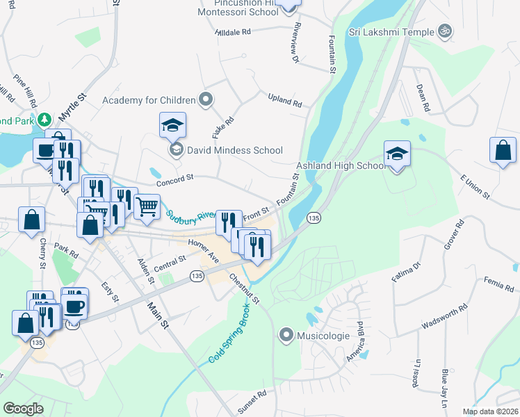 map of restaurants, bars, coffee shops, grocery stores, and more near 181 Concord Street in Ashland