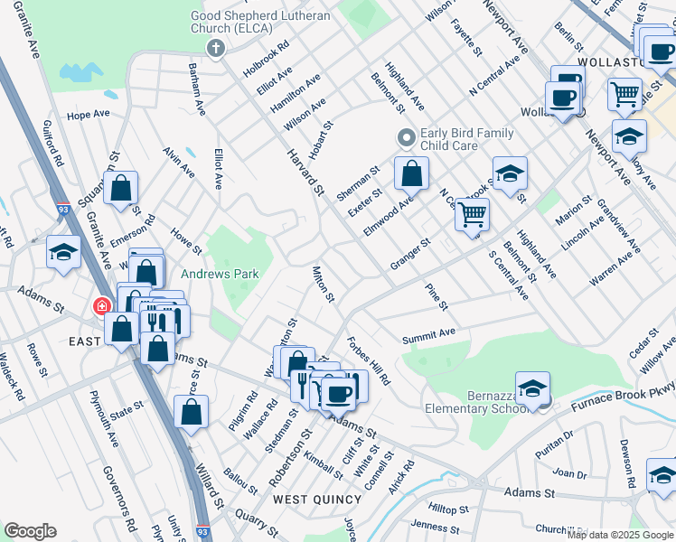 map of restaurants, bars, coffee shops, grocery stores, and more near 22 Albany Street in Quincy