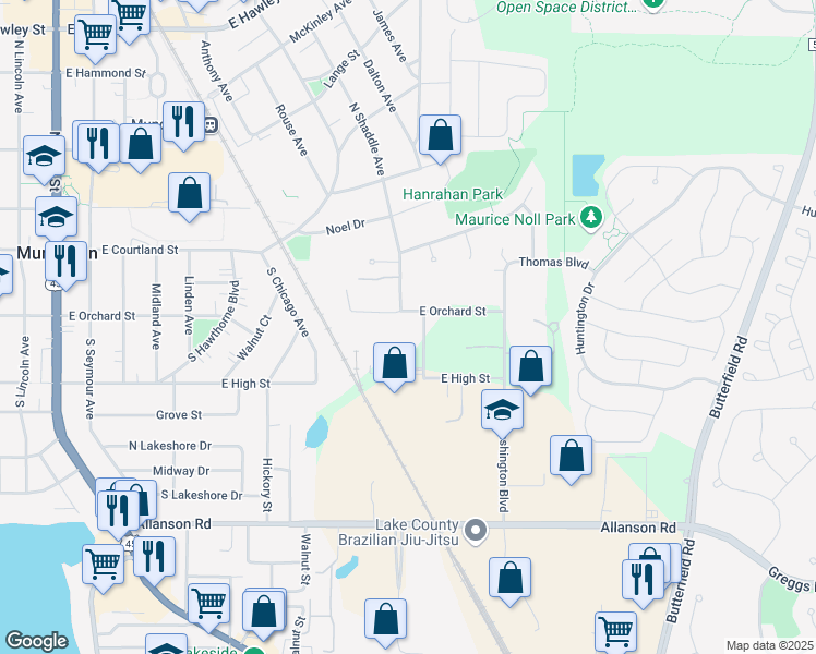map of restaurants, bars, coffee shops, grocery stores, and more near 825 East Orchard Street in Mundelein