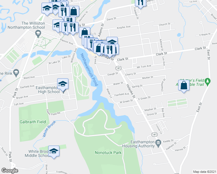 map of restaurants, bars, coffee shops, grocery stores, and more near 30 Water Street in Easthampton