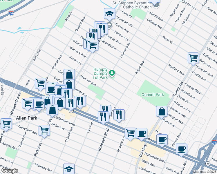 map of restaurants, bars, coffee shops, grocery stores, and more near 14921 Anne Avenue in Allen Park