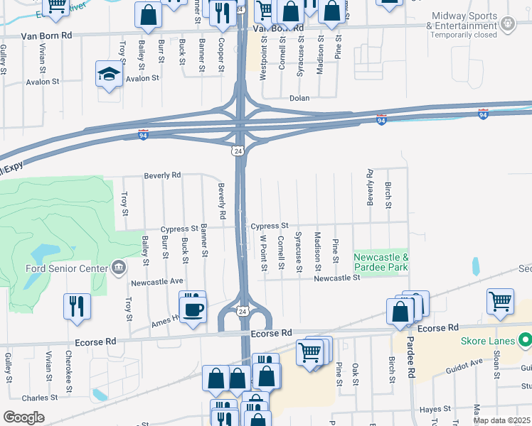 map of restaurants, bars, coffee shops, grocery stores, and more near 6530 West Point Street in Taylor