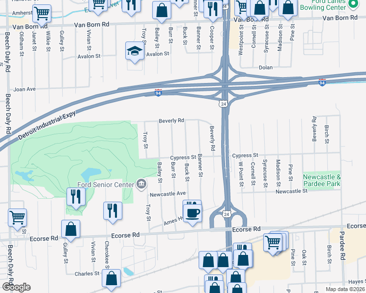 map of restaurants, bars, coffee shops, grocery stores, and more near 6528 Buck Street in Taylor
