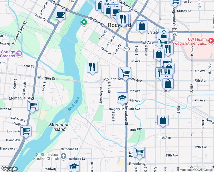 map of restaurants, bars, coffee shops, grocery stores, and more near 623 South 3rd Street in Rockford