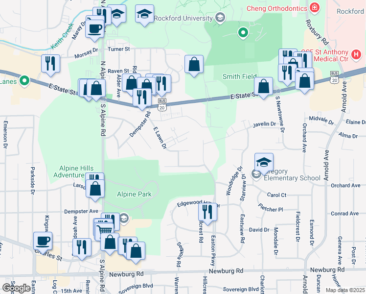 map of restaurants, bars, coffee shops, grocery stores, and more near 4856 East Lawn Drive in Rockford