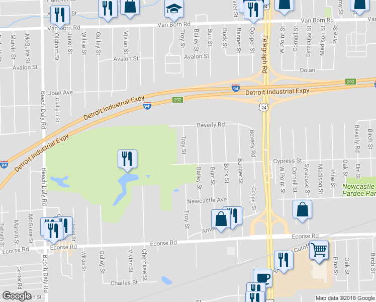 map of restaurants, bars, coffee shops, grocery stores, and more near 6521 Troy Street in Taylor
