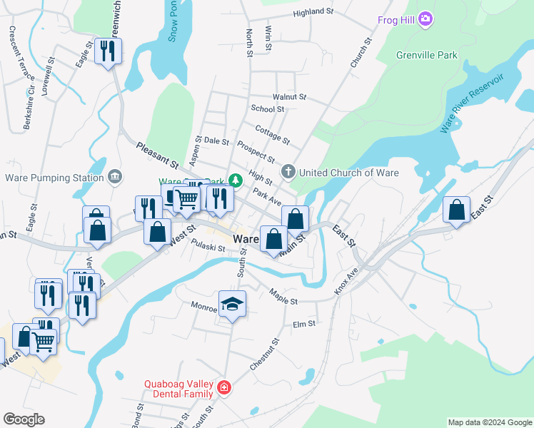 map of restaurants, bars, coffee shops, grocery stores, and more near 25 Church Street in Hardwick