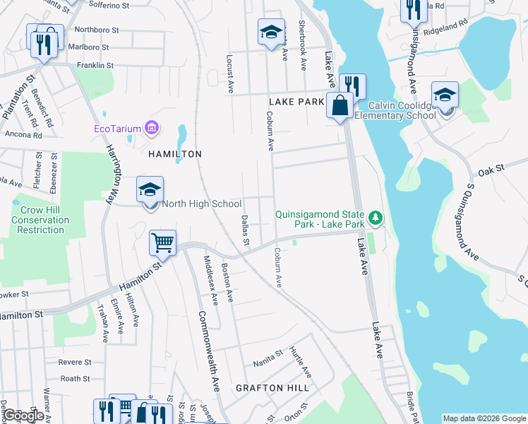 map of restaurants, bars, coffee shops, grocery stores, and more near 15 Palisades Street in Worcester