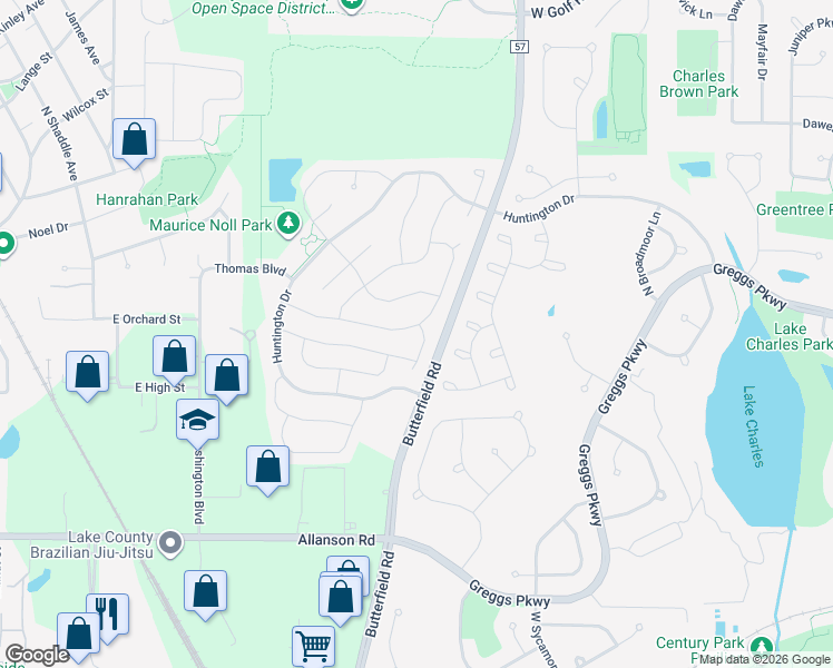 map of restaurants, bars, coffee shops, grocery stores, and more near 153 Knightsbridge Drive in Mundelein