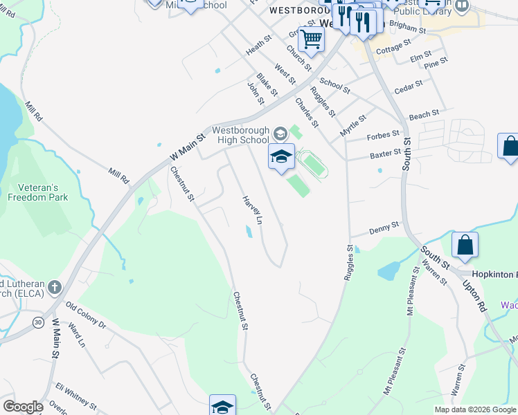 map of restaurants, bars, coffee shops, grocery stores, and more near 22 Harvey Lane in Westborough