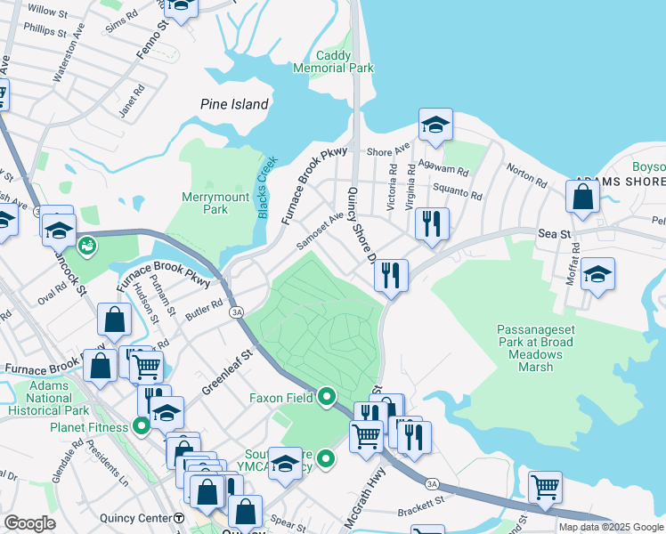 map of restaurants, bars, coffee shops, grocery stores, and more near 69 Longwood Road in Quincy