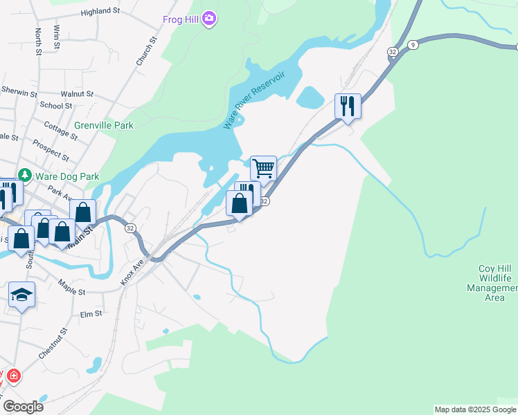 map of restaurants, bars, coffee shops, grocery stores, and more near 111 East Street in Ware