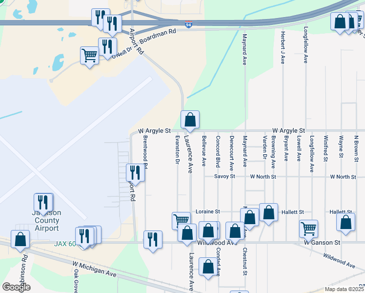 map of restaurants, bars, coffee shops, grocery stores, and more near 1027 Evanston Drive in Jackson