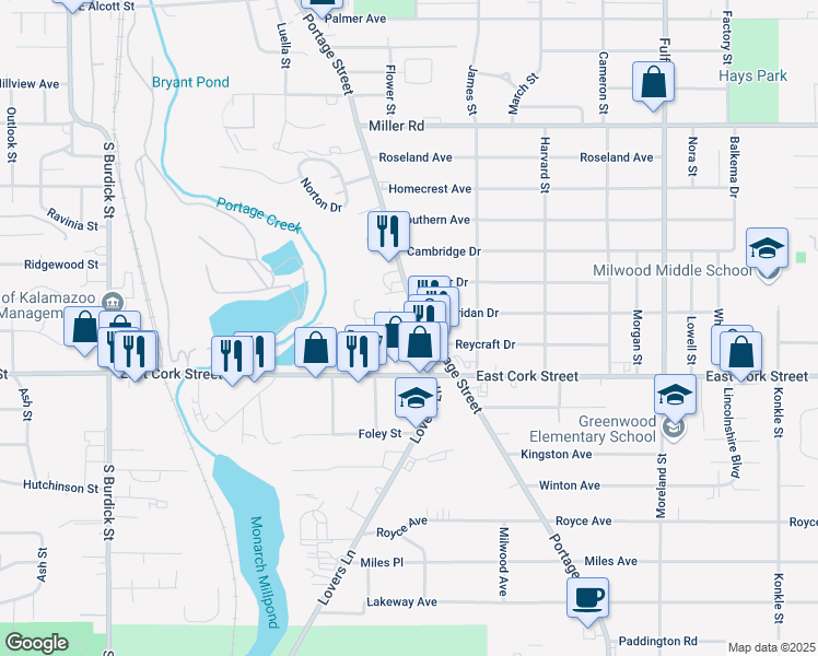 map of restaurants, bars, coffee shops, grocery stores, and more near in Kalamazoo