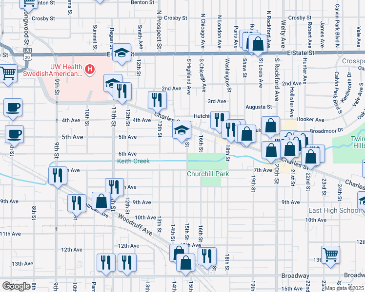 map of restaurants, bars, coffee shops, grocery stores, and more near 623 15th Street in Rockford