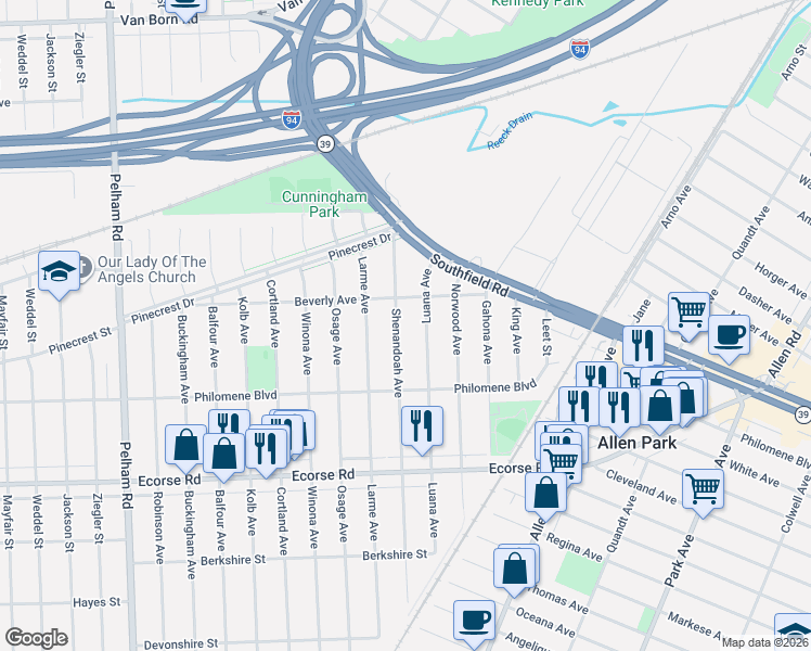map of restaurants, bars, coffee shops, grocery stores, and more near 6549 Shenandoah Avenue in Allen Park
