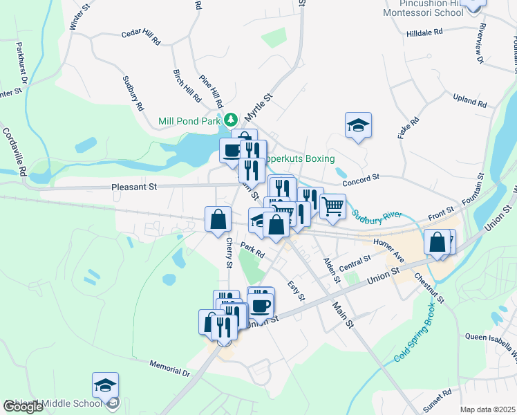 map of restaurants, bars, coffee shops, grocery stores, and more near 117 Main Street in Ashland