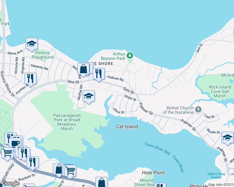 map of restaurants, bars, coffee shops, grocery stores, and more near 140 Utica Street in Quincy