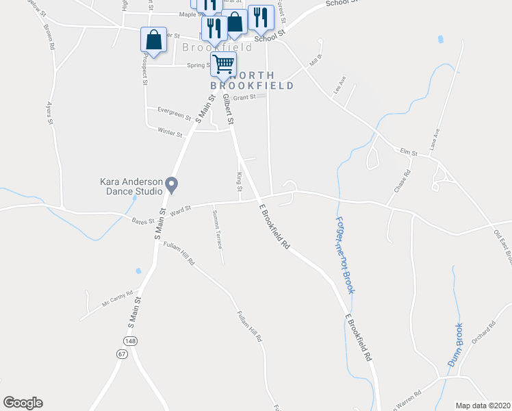 map of restaurants, bars, coffee shops, grocery stores, and more near 86 Gilbert Street in North Brookfield