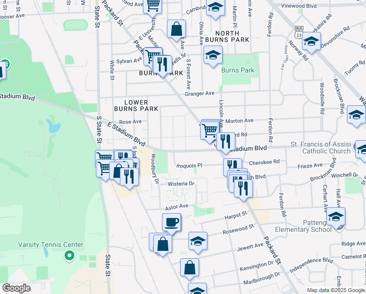 map of restaurants, bars, coffee shops, grocery stores, and more near 1307 East Stadium Boulevard in Ann Arbor