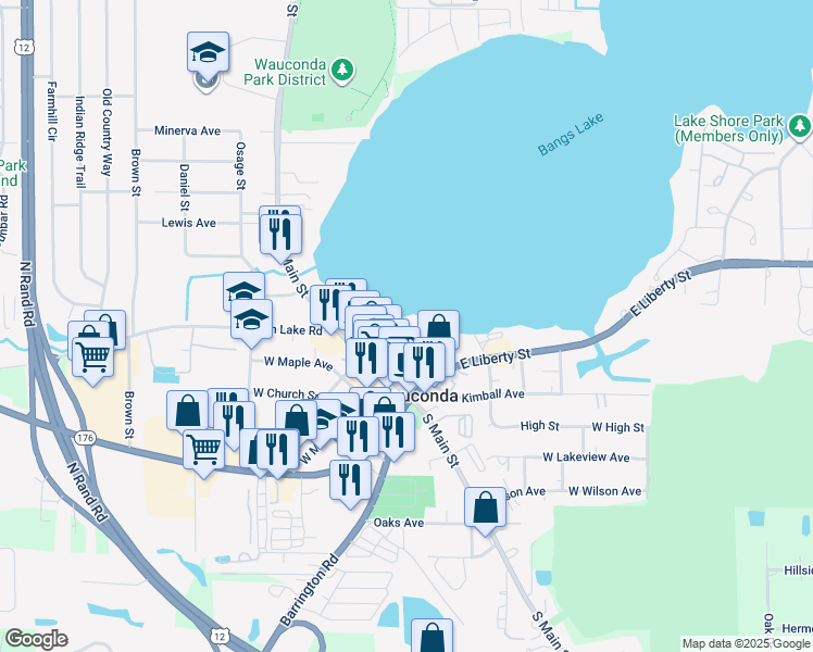 map of restaurants, bars, coffee shops, grocery stores, and more near 640 East Liberty Street in Wauconda