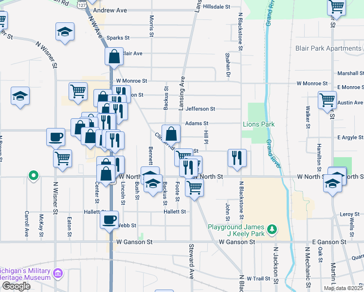 map of restaurants, bars, coffee shops, grocery stores, and more near 1005 Lansing Avenue in Jackson