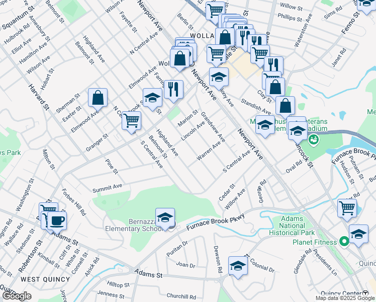 map of restaurants, bars, coffee shops, grocery stores, and more near 75 Prospect Avenue in Quincy