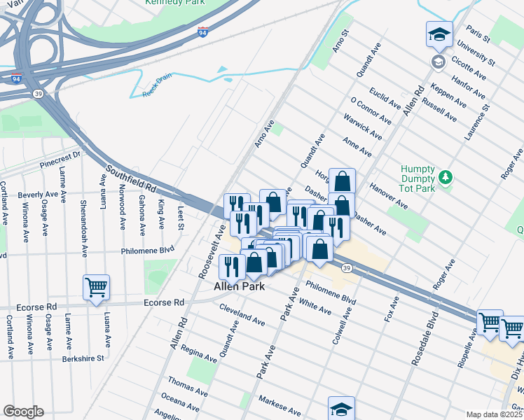 map of restaurants, bars, coffee shops, grocery stores, and more near 6027 Kim Avenue in Allen Park