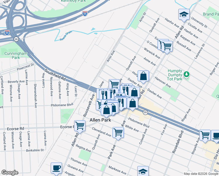 map of restaurants, bars, coffee shops, grocery stores, and more near 6027 Kim Avenue in Allen Park