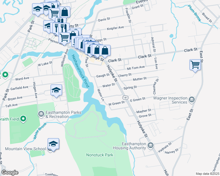 map of restaurants, bars, coffee shops, grocery stores, and more near 8 Water St in Easthampton