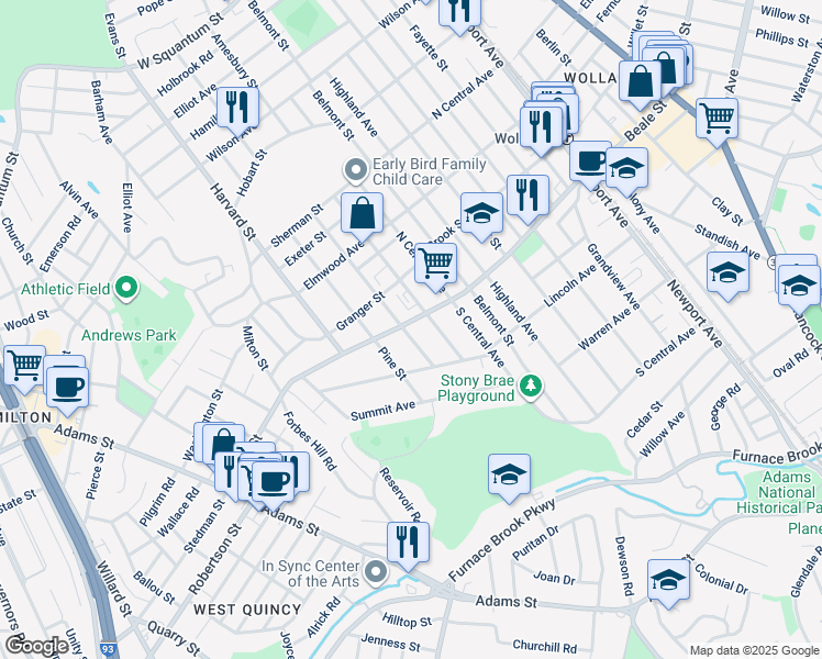 map of restaurants, bars, coffee shops, grocery stores, and more near 210 Norfolk Street in Quincy